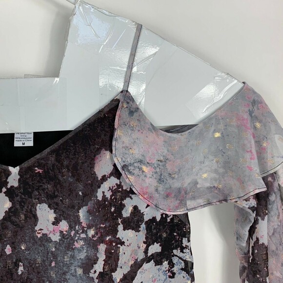 Bar III Blouse Women Medium Cold Shoulder Feminine Ruffles Muted Gray Pink - Picture 6 of 10